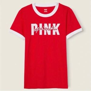 Victoria's Secret PINK Red White Short Sleeve Campus Ringer Tee Shirt Size Large